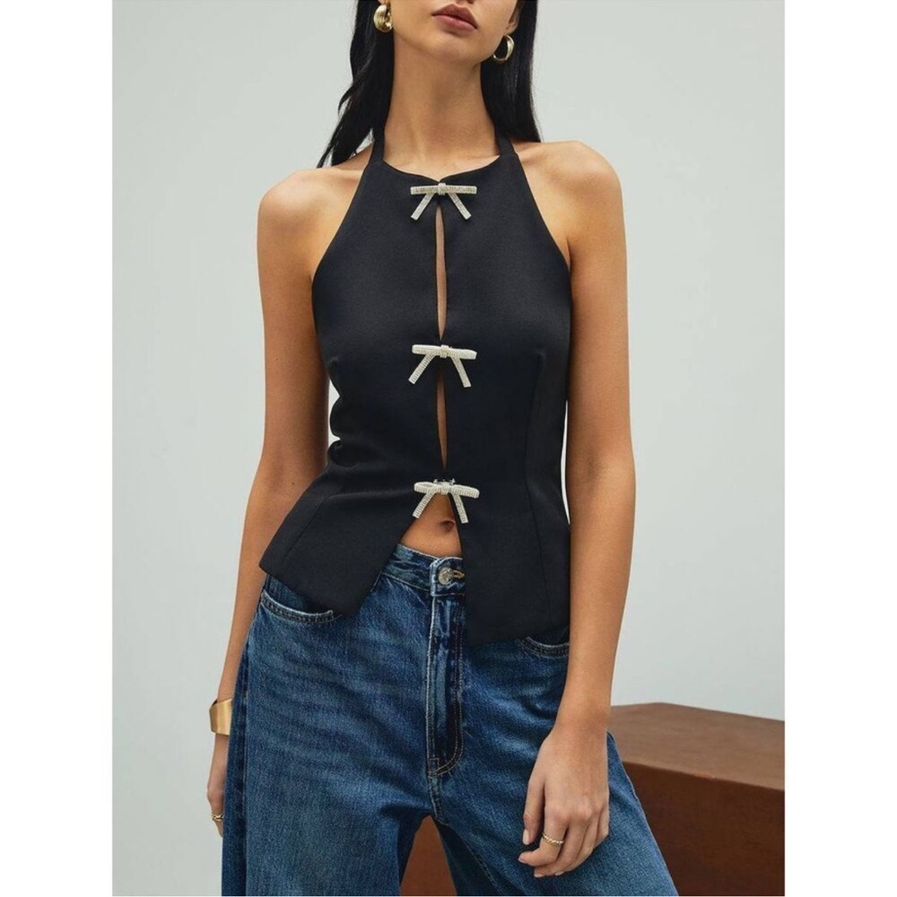 Zara Jeweled Bow Halter Top. Black/Medium.